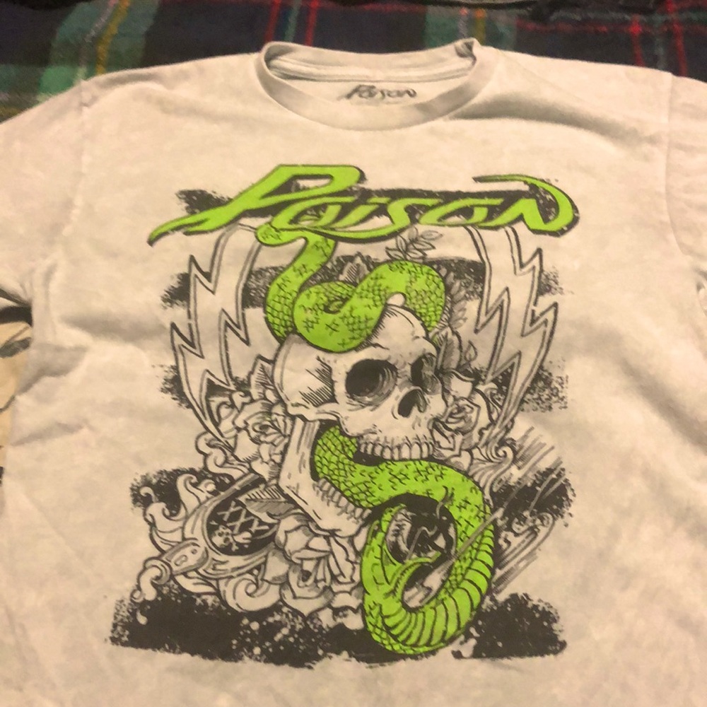 Poison band tee. Light gray with lime green accent color.